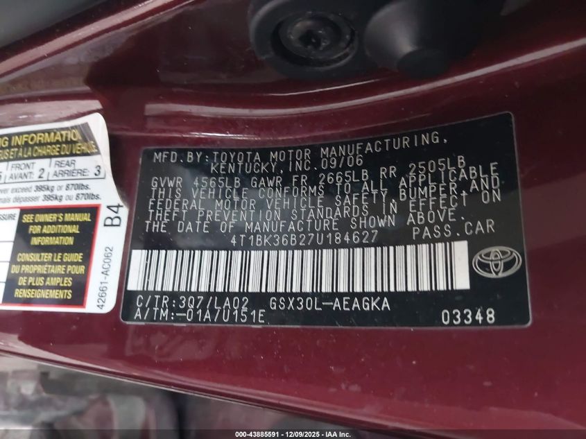 2007 Toyota Avalon Xls VIN: 4T1BK36B27U184627 Lot: 43885591