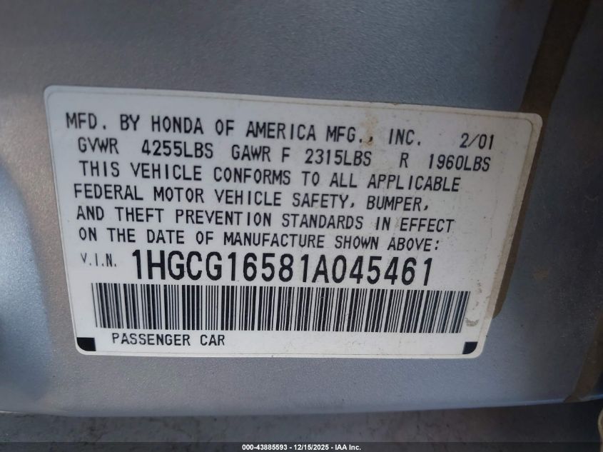 2001 Honda Accord 3.0 Ex VIN: 1HGCG16581A045461 Lot: 43885593