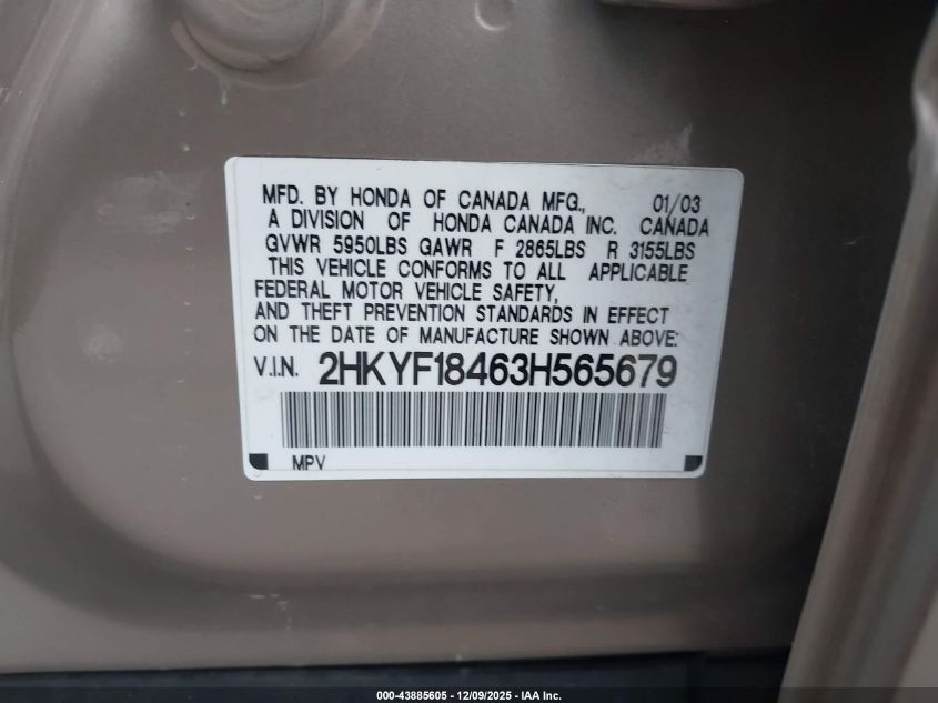 2003 Honda Pilot Ex VIN: 2HKYF18463H565679 Lot: 43885605