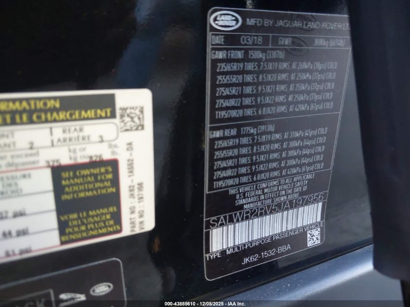 2018 Land Rover Range Rover Sport Hse VIN: SALWR2RV5JA197956 Lot: 43885610
