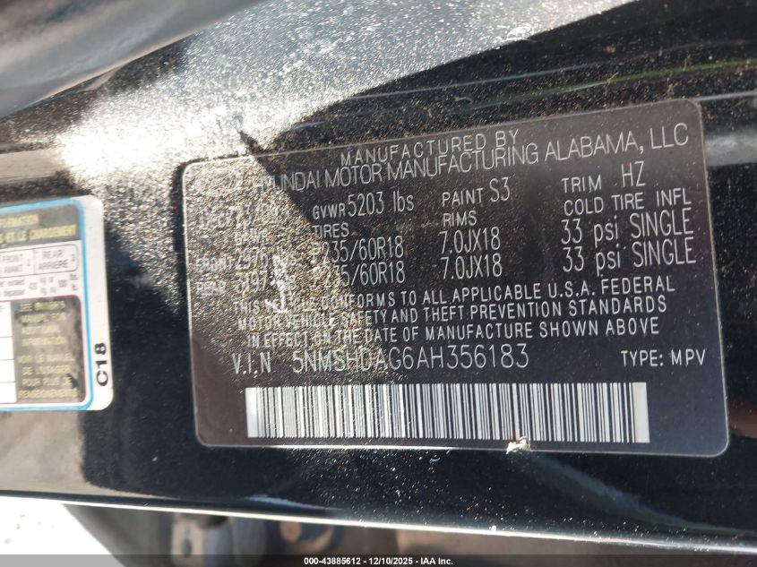 2010 Hyundai Santa Fe Se VIN: 5NMSHDAG6AH356183 Lot: 43885612