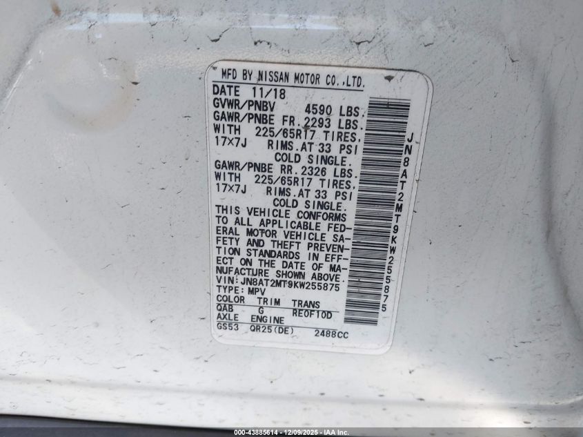 2019 Nissan Rogue Sv VIN: JN8AT2MT9KW255875 Lot: 43885614