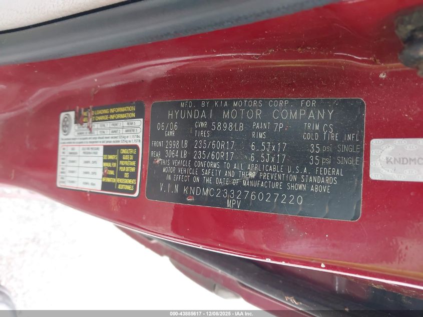 2007 Hyundai Entourage Gls/Limited/Se VIN: KNDMC233276027220 Lot: 43885617