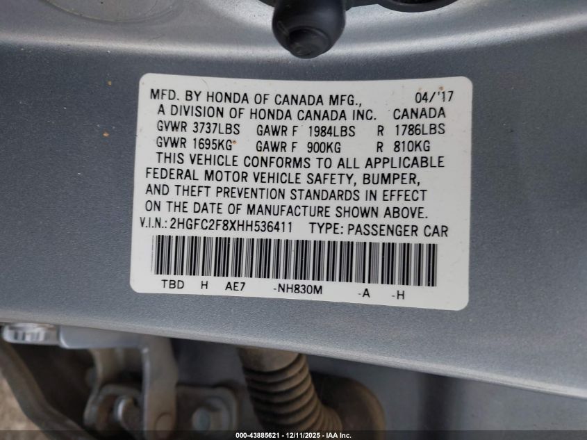 2017 Honda Civic Ex VIN: 2HGFC2F8XHH536411 Lot: 43885621