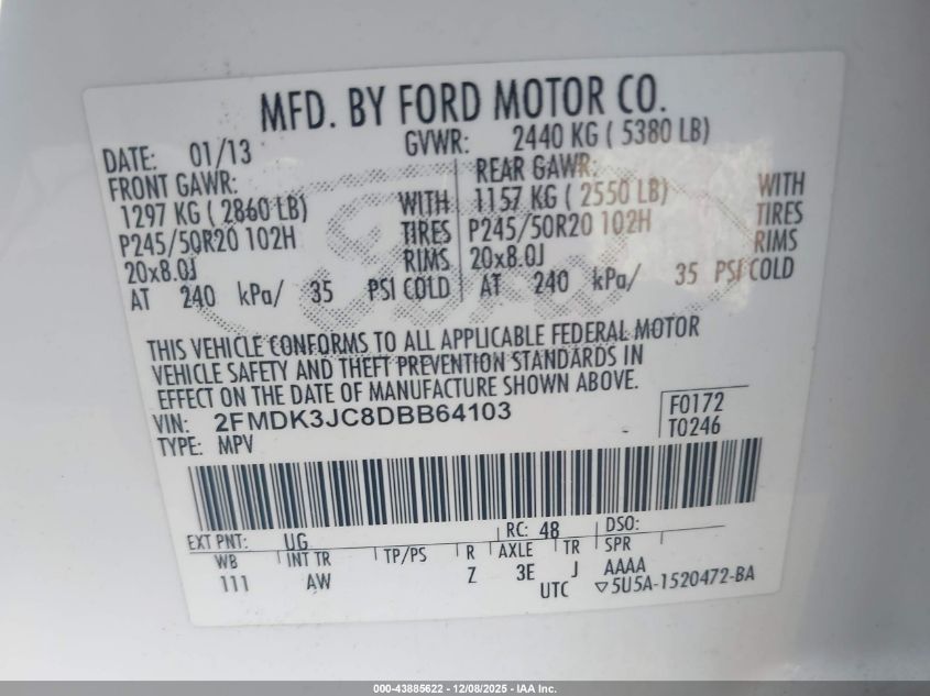 2013 Ford Edge Sel VIN: 2FMDK3JC8DBB64103 Lot: 43885622