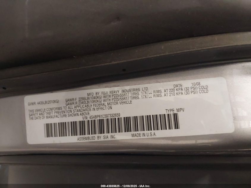 2009 Subaru Outback 2.5I VIN: 4S4BP61C597332659 Lot: 43885625