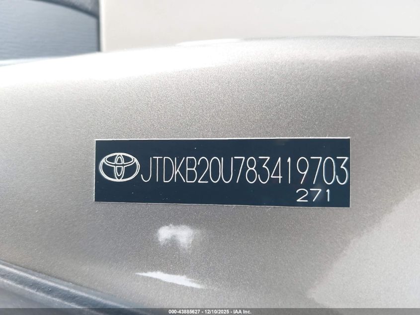 2008 Toyota Prius VIN: JTDKB20U783419703 Lot: 43885627
