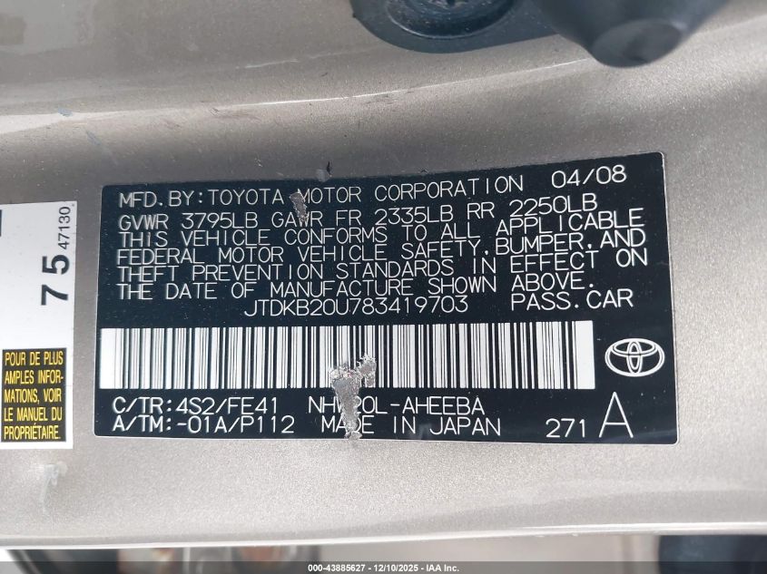 2008 Toyota Prius VIN: JTDKB20U783419703 Lot: 43885627