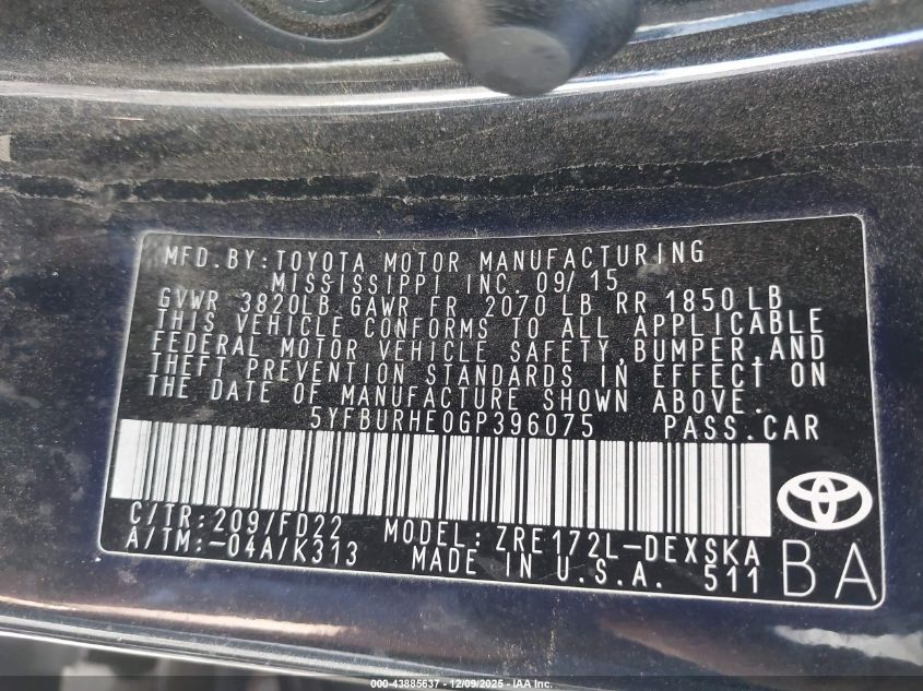 2016 Toyota Corolla S Plus VIN: 5YFBURHE0GP396075 Lot: 43885637