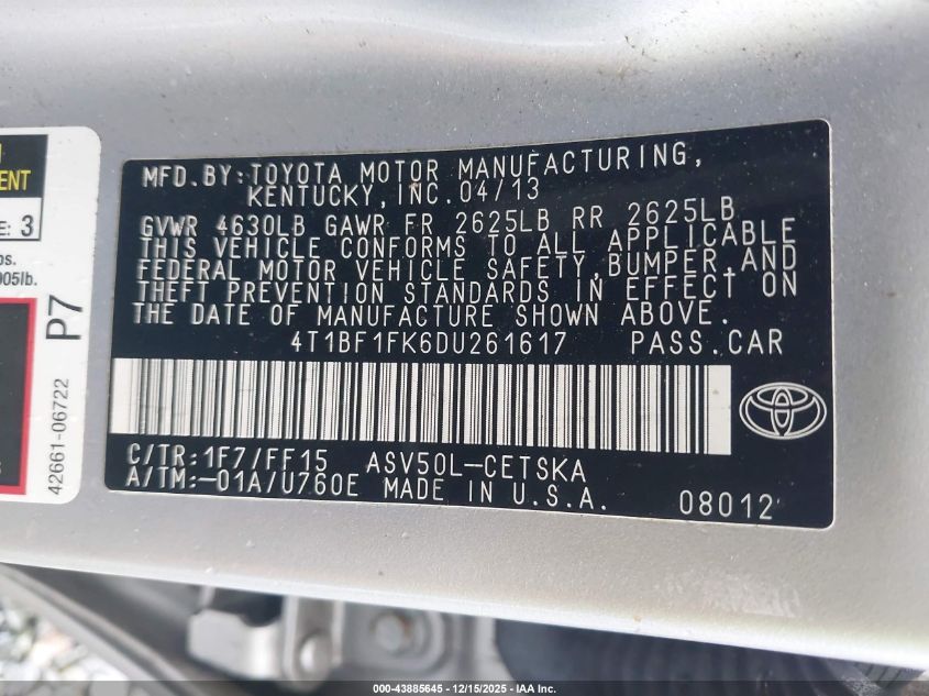 2013 Toyota Camry Se VIN: 4T1BF1FK6DU261617 Lot: 43885645