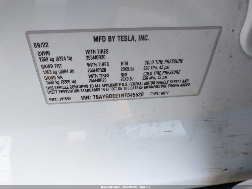 2022 Tesla Model Y Long Range Dual Motor All-Wheel Drive VIN: 7SAYGDEE1NF545520 Lot: 43885648
