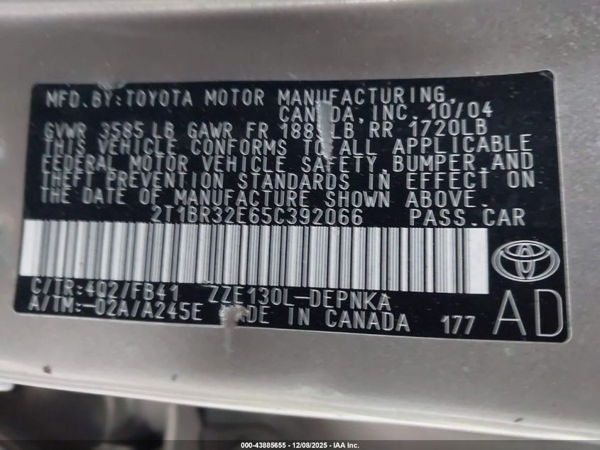 2005 Toyota Corolla Le VIN: 2T1BR32E65C392066 Lot: 43885655