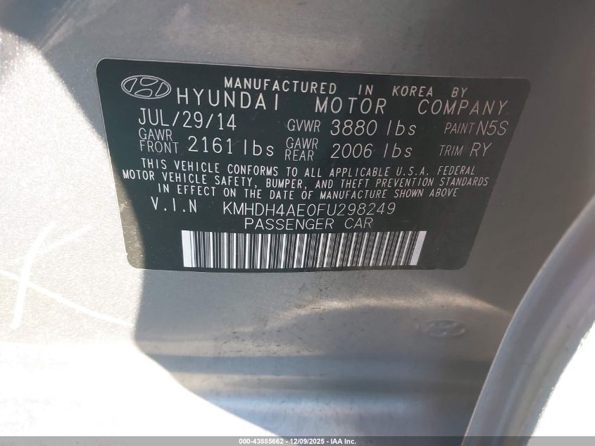 2015 Hyundai Elantra Se VIN: KMHDH4AE0FU298249 Lot: 43885662