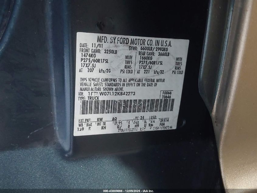 2002 Ford F-150 Lariat/Xlt VIN: 1FTRW07L12KB42273 Lot: 43885666