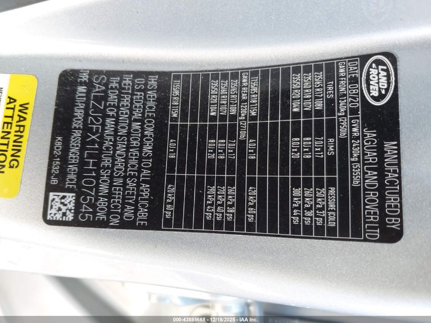 2020 Land Rover Range Rover Evoque S VIN: SALZJ2FX1LH107545 Lot: 43885668