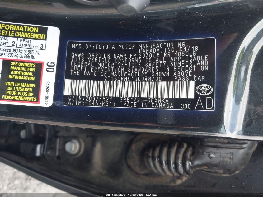 2018 Toyota Corolla Le VIN: 2T1BURHE1JC048700 Lot: 43885670