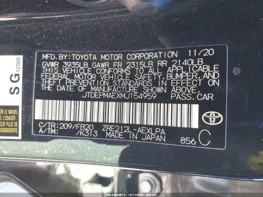 2021 Toyota Corolla Le VIN: JTDEPMAEXMJ154959 Lot: 43885672