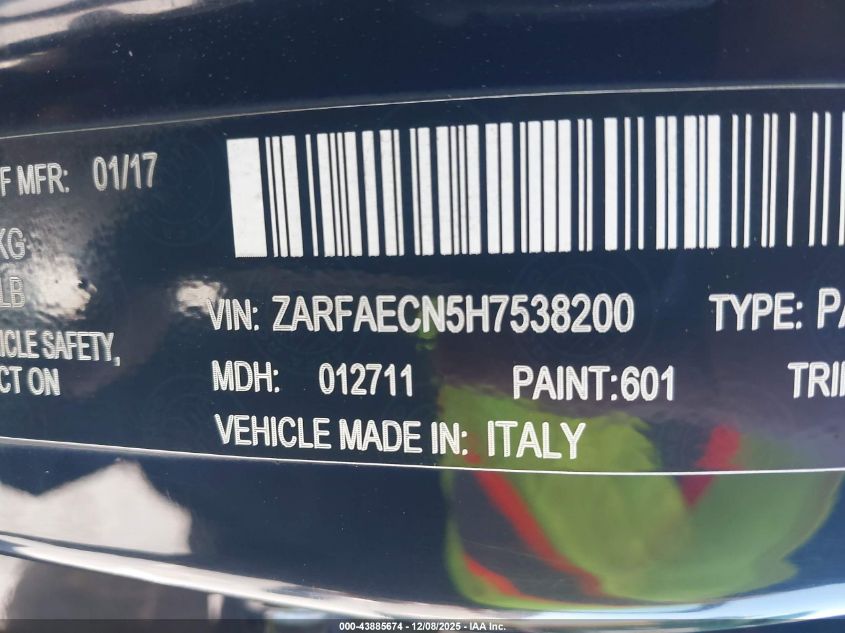 2017 Alfa Romeo Giulia Ti Rwd VIN: ZARFAECN5H7538200 Lot: 43885674