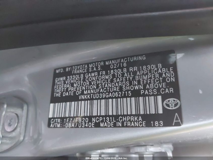 2016 Toyota Yaris Le VIN: VNKKTUD39GA062715 Lot: 43885679