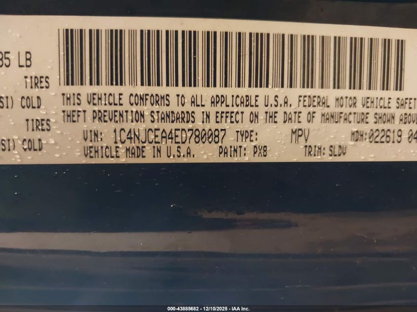2014 Jeep Compass High Altitude VIN: 1C4NJCEA4ED780087 Lot: 43885682