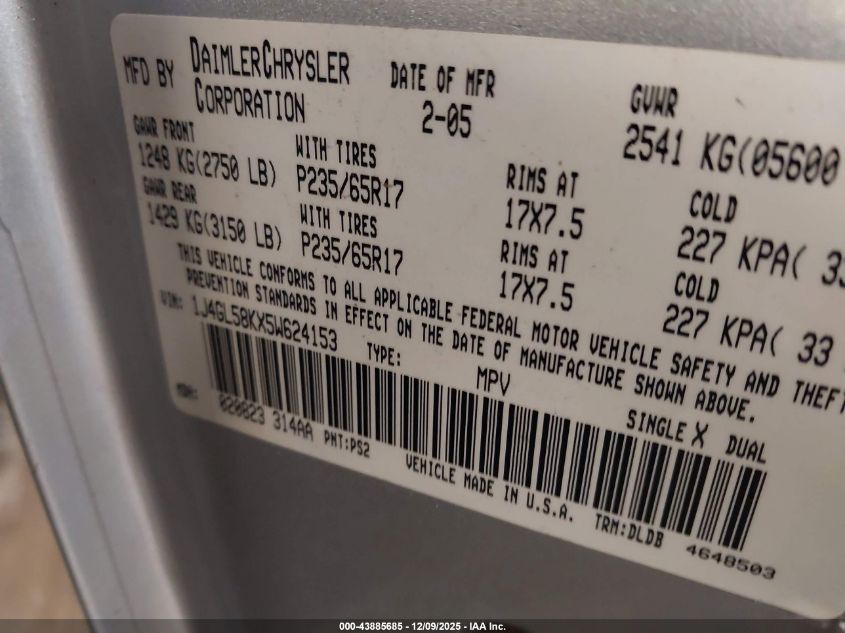 2005 Jeep Liberty Limited Edition VIN: 1J4GL58KX5W624153 Lot: 43885685