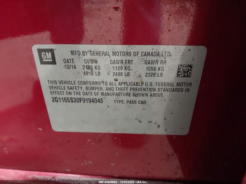 2015 Chevrolet Impala 2Lz VIN: 2G1165S30F9194043 Lot: 43885692