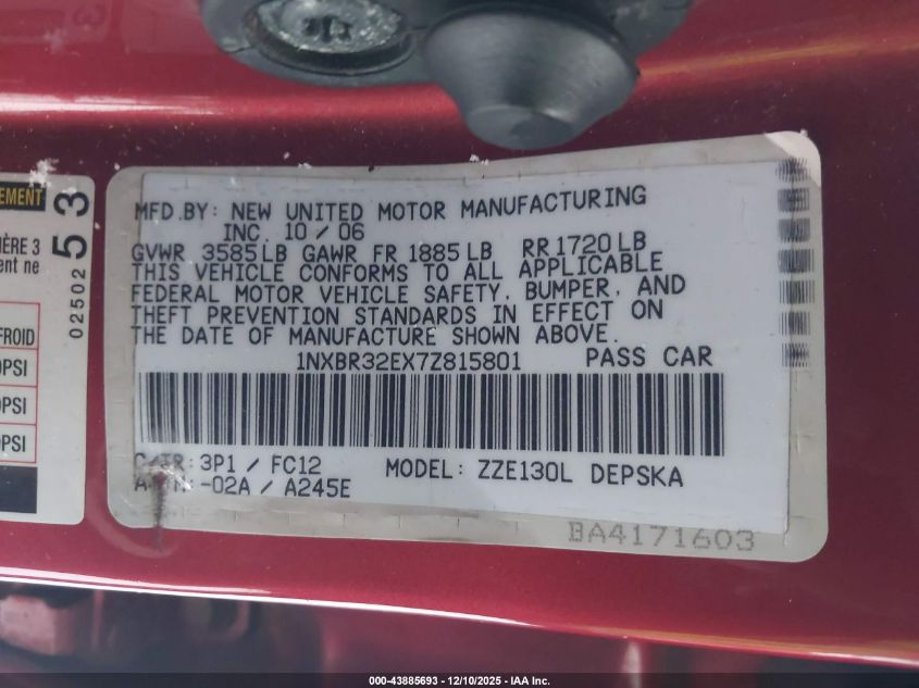 2007 Toyota Corolla S VIN: 1NXBR32EX7Z815801 Lot: 43885693