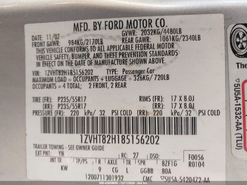 2008 Ford Mustang Gt Deluxe/Gt Premium VIN: 1ZVHT82H185156202 Lot: 43885695
