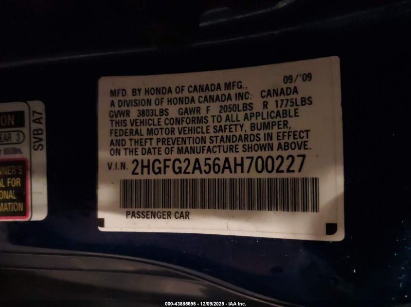 2010 Honda Civic Si VIN: 2HGFG2A56AH700227 Lot: 43885696
