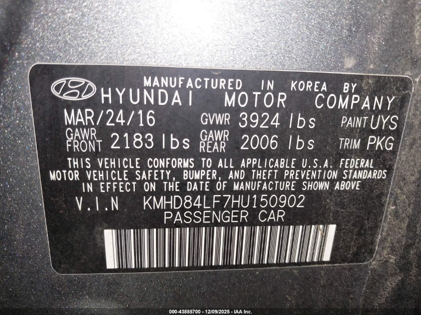 2017 Hyundai Elantra Se VIN: KMHD84LF7HU150902 Lot: 43885700