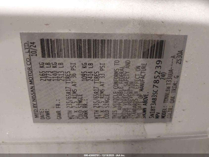 2025 Nissan Rogue S Intelligent Awd VIN: 5N1BT3AB3SC785239 Lot: 43885701