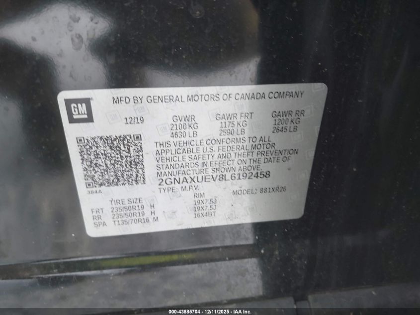 2020 Chevrolet Equinox Awd Lt 1.5L Turbo VIN: 2GNAXUEV8L6192458 Lot: 43885704