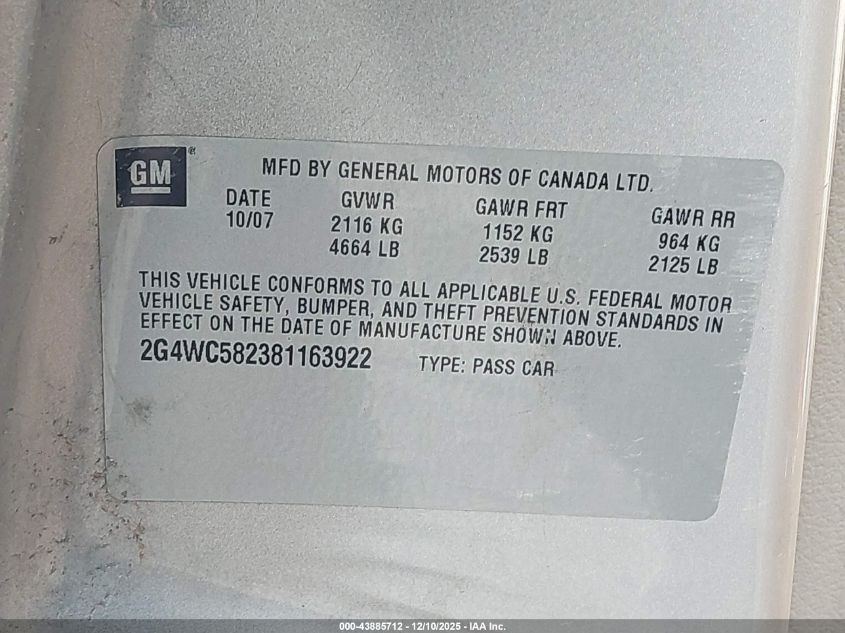 2008 Buick Lacrosse Cx VIN: 2G4WC582381163922 Lot: 43885712