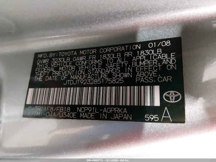 2008 Toyota Yaris VIN: JTDJT923285175825 Lot: 43885713