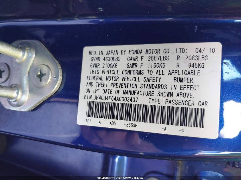 2010 Acura Tsx 3.5 VIN: JH4CU4F64AC003437 Lot: 43885731