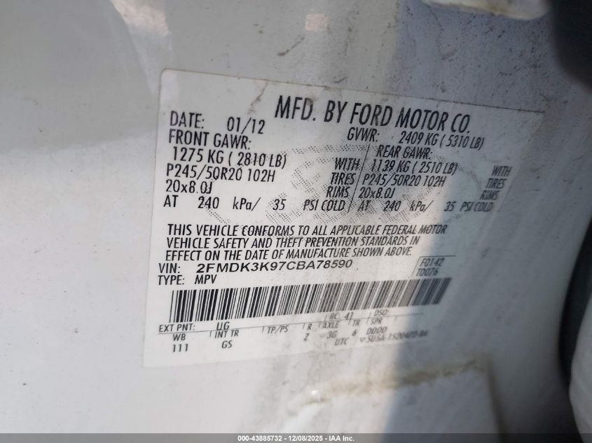 2012 Ford Edge Limited VIN: 2FMDK3K97CBA78590 Lot: 43885732