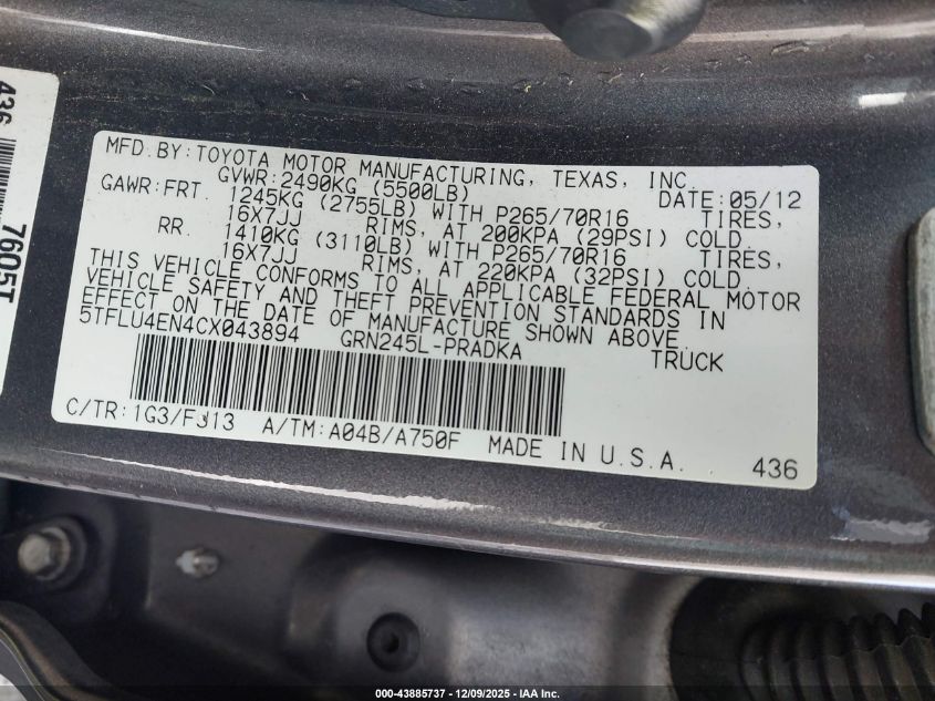 2012 Toyota Tacoma Base V6 VIN: 5TFLU4EN4CX043894 Lot: 43885737