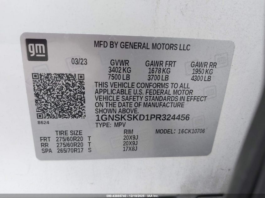 2023 Chevrolet Tahoe 4Wd Premier VIN: 1GNSKSKD1PR324456 Lot: 43885740