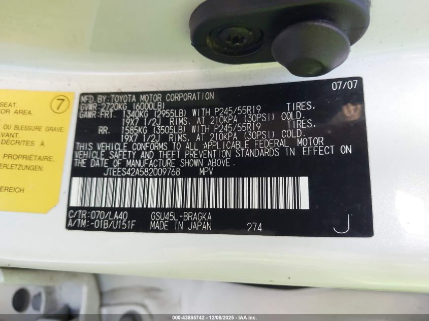 2008 Toyota Highlander Limited VIN: JTEES42A582009768 Lot: 43885742