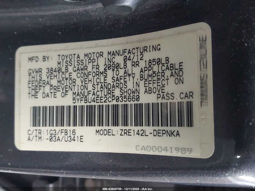 2012 Toyota Corolla Le VIN: 5YFBU4EE2CP035660 Lot: 43885759