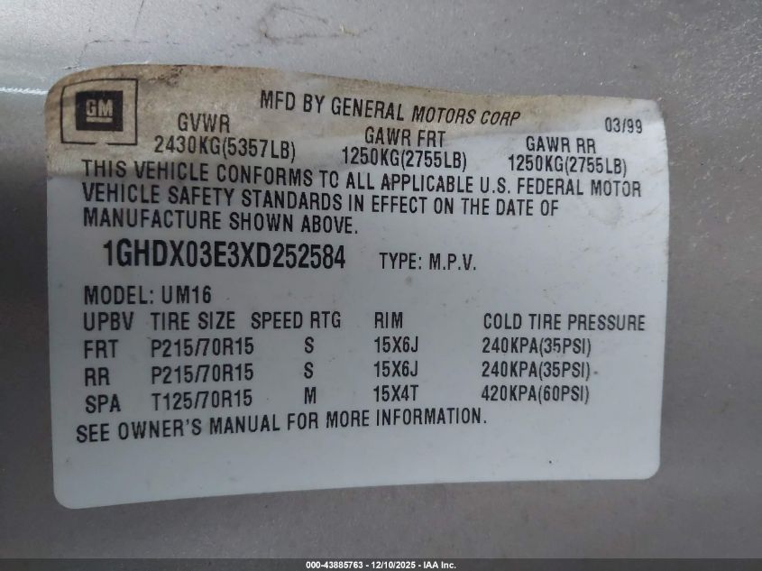 1999 Oldsmobile Silhouette Gls VIN: 1GHDX03E3XD252584 Lot: 43885763