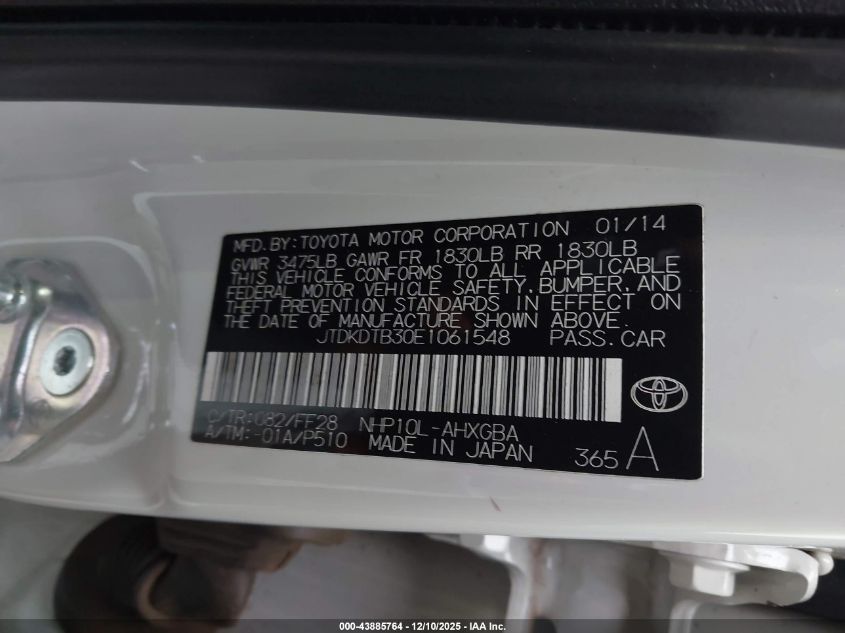 2014 Toyota Prius C Three VIN: JTDKDTB30E1061548 Lot: 43885764