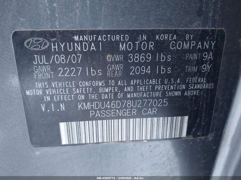 2008 Hyundai Elantra Gls/Se VIN: KMHDU46D78U277025 Lot: 43885774