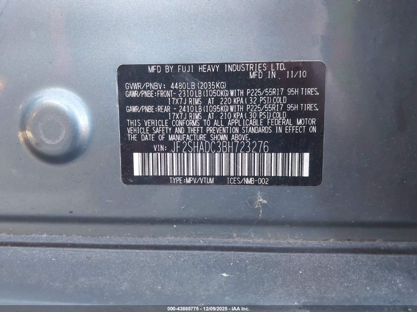 2011 Subaru Forester 2.5X Premium VIN: JF2SHADC3BH723276 Lot: 43885775