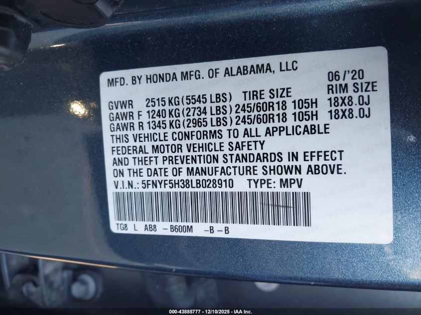 2020 Honda Pilot 2Wd Ex VIN: 5FNYF5H38LB028910 Lot: 43885777