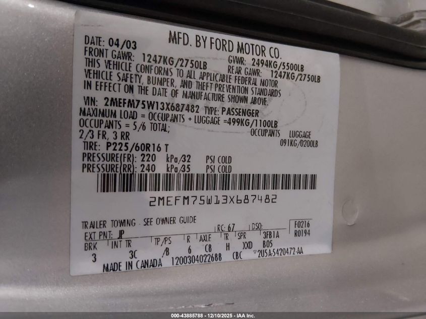 2003 Mercury Grand Marquis Ls VIN: 2MEFM75W13X687482 Lot: 43885788