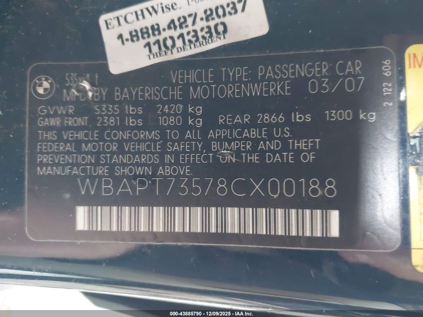 2008 BMW 535Xi VIN: WBAPT73578CX00188 Lot: 43885790