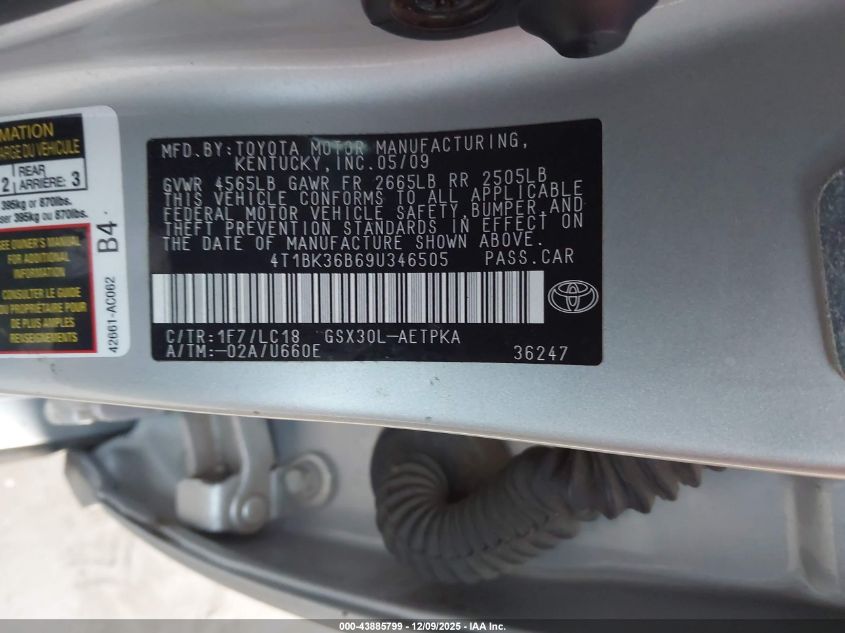 2009 Toyota Avalon Limited VIN: 4T1BK36B69U346505 Lot: 43885799