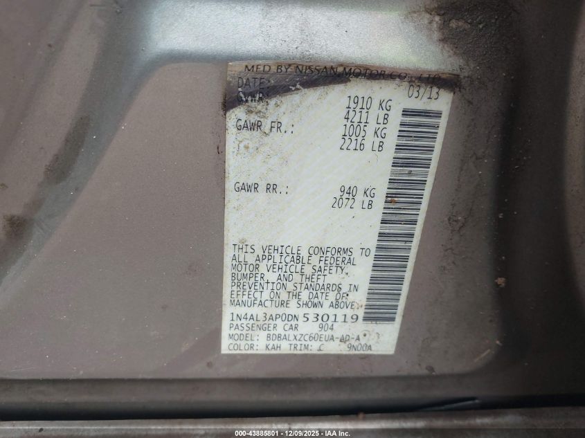 2013 Nissan Altima 2.5 Sl VIN: 1N4AL3AP0DN530119 Lot: 43885801