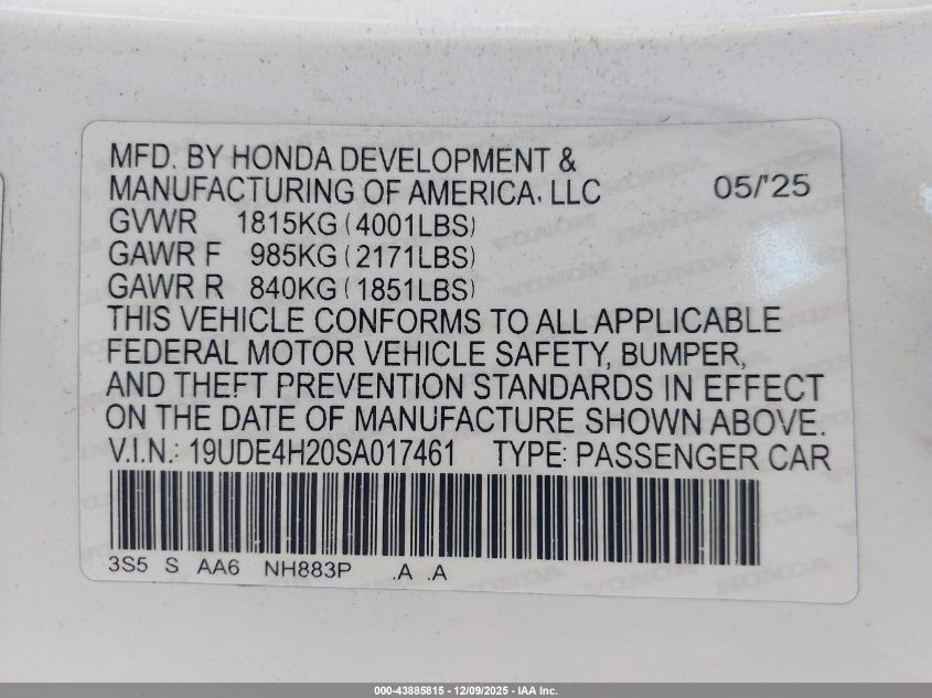 2025 Acura Integra VIN: 19UDE4H20SA017461 Lot: 43885815